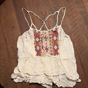 Ecote Ruffled White Camisole with Embellished Details